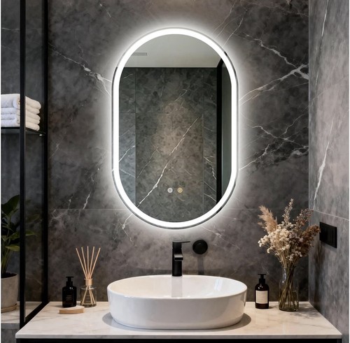 Oval bathroom mirror - bathroom, with